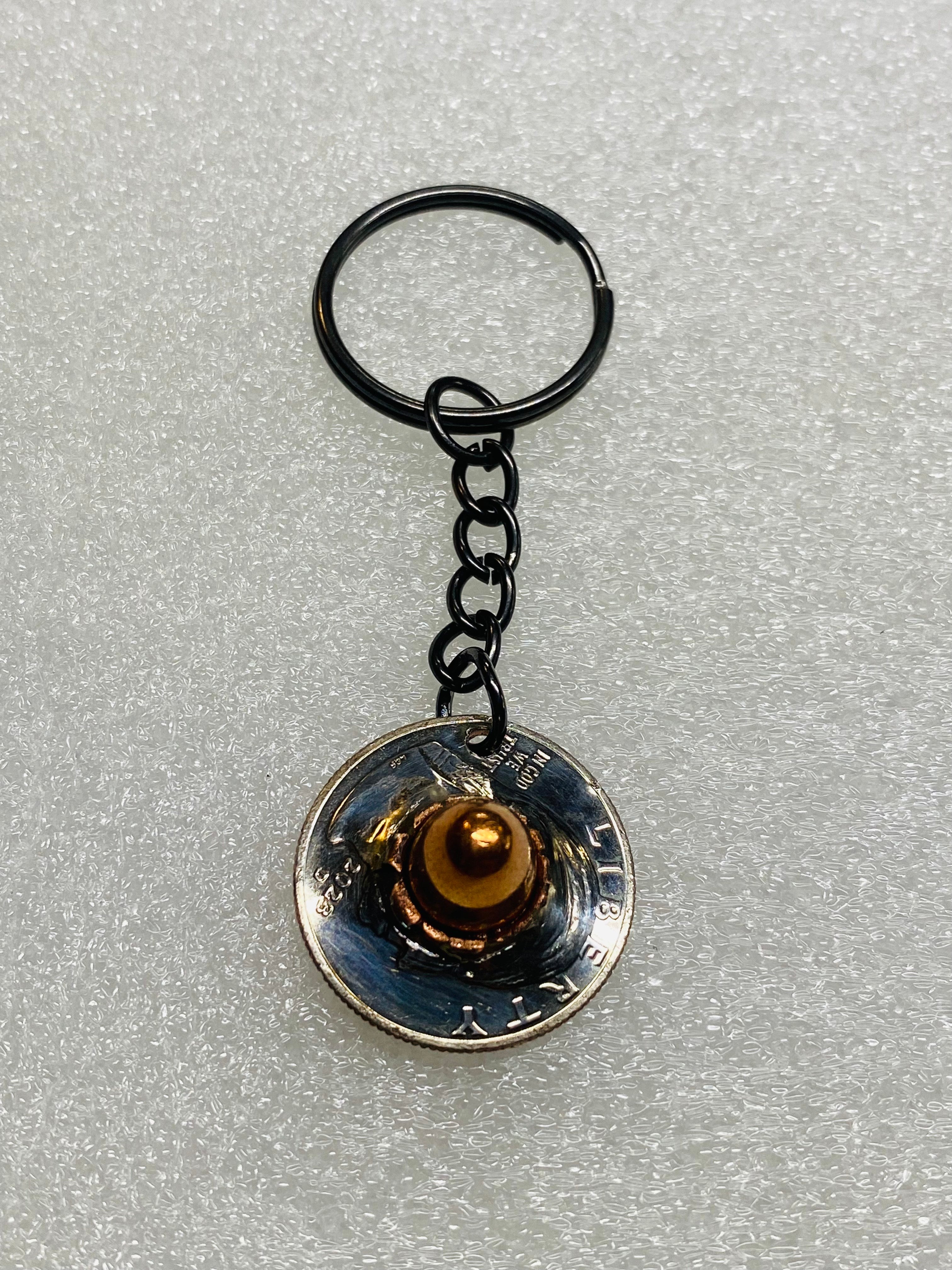 9MM Bullet FMJ Quarter Keychain Unique Gift W/Black Keychain