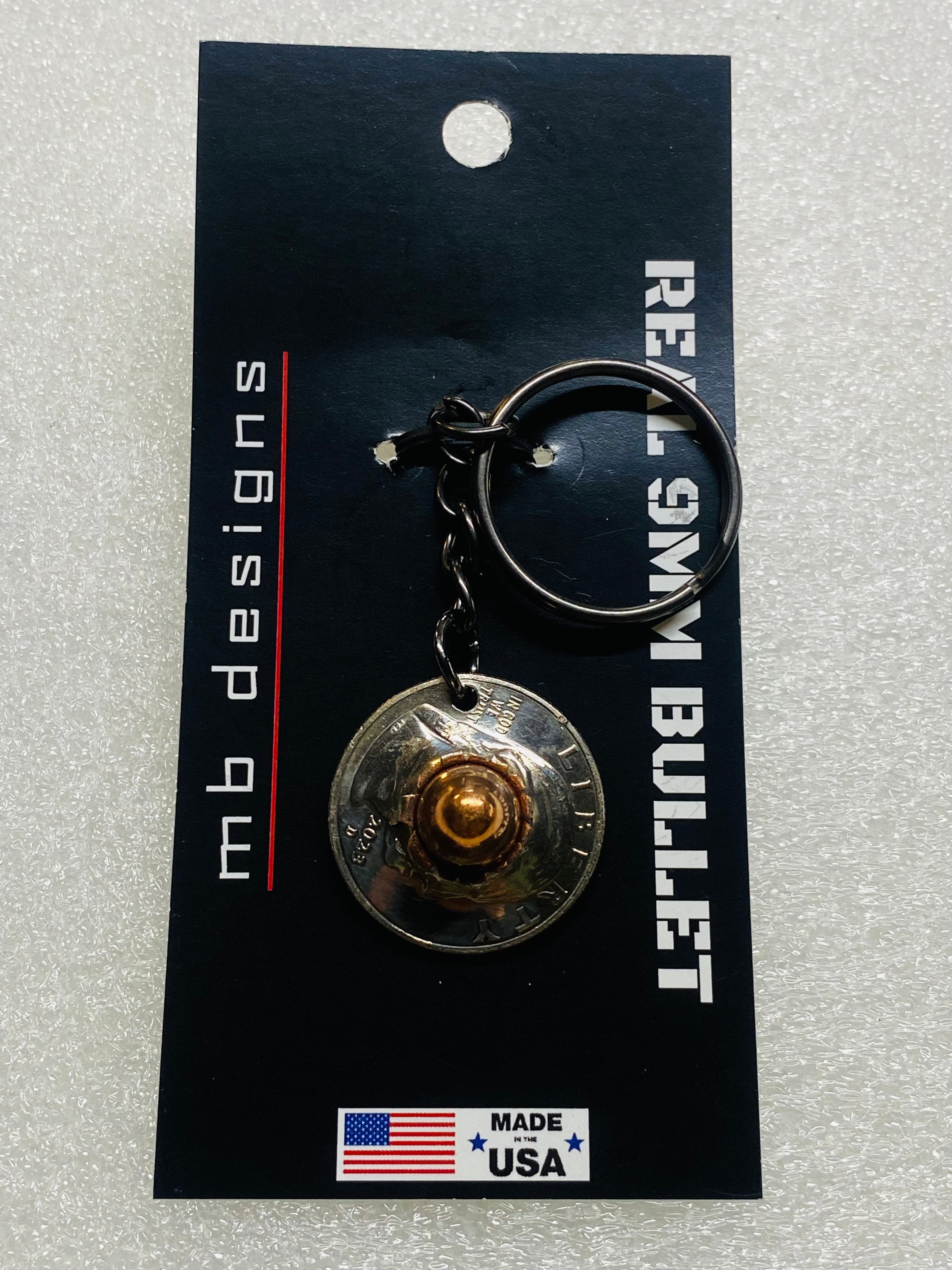 9MM Bullet FMJ Quarter Keychain Unique Gift W/Black Keychain