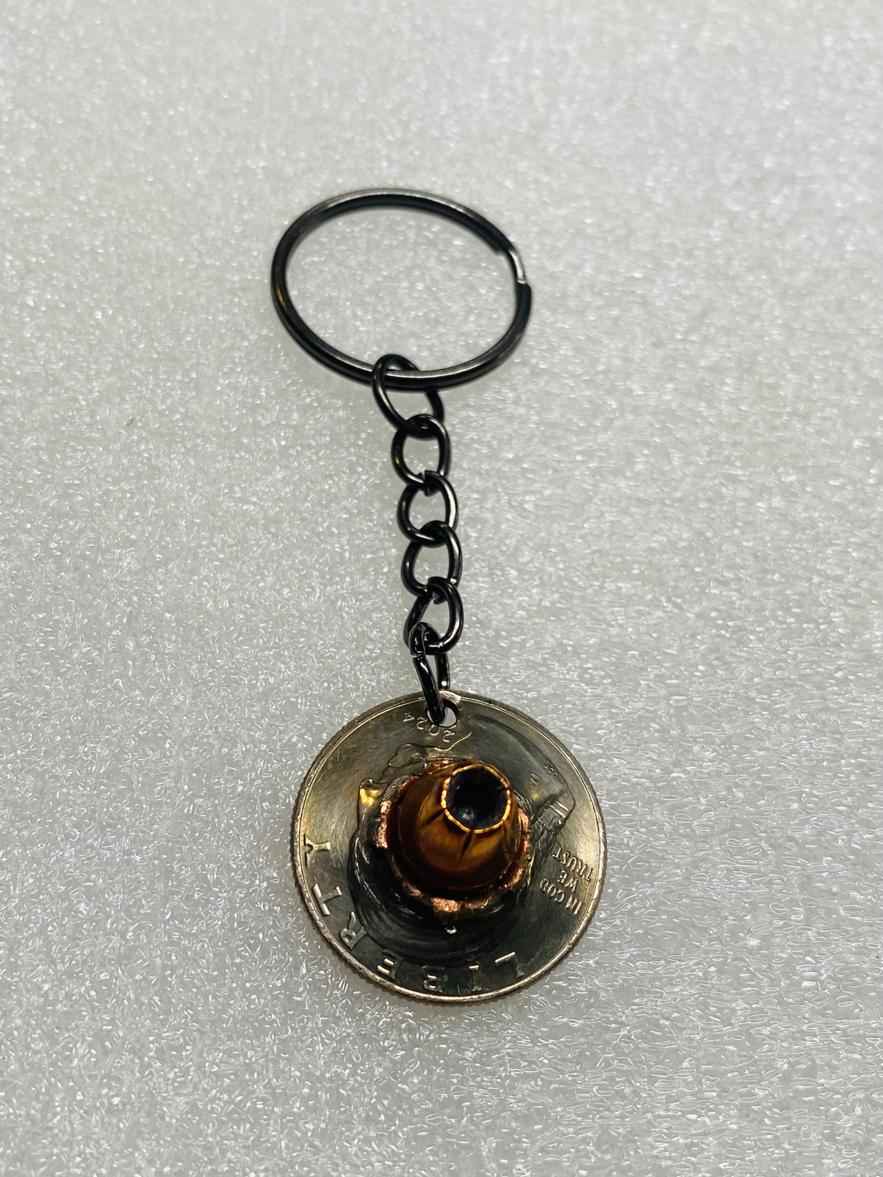 9mm Hollow Point Bullet Quarter Keychain Unique Gift W/Black Keychain