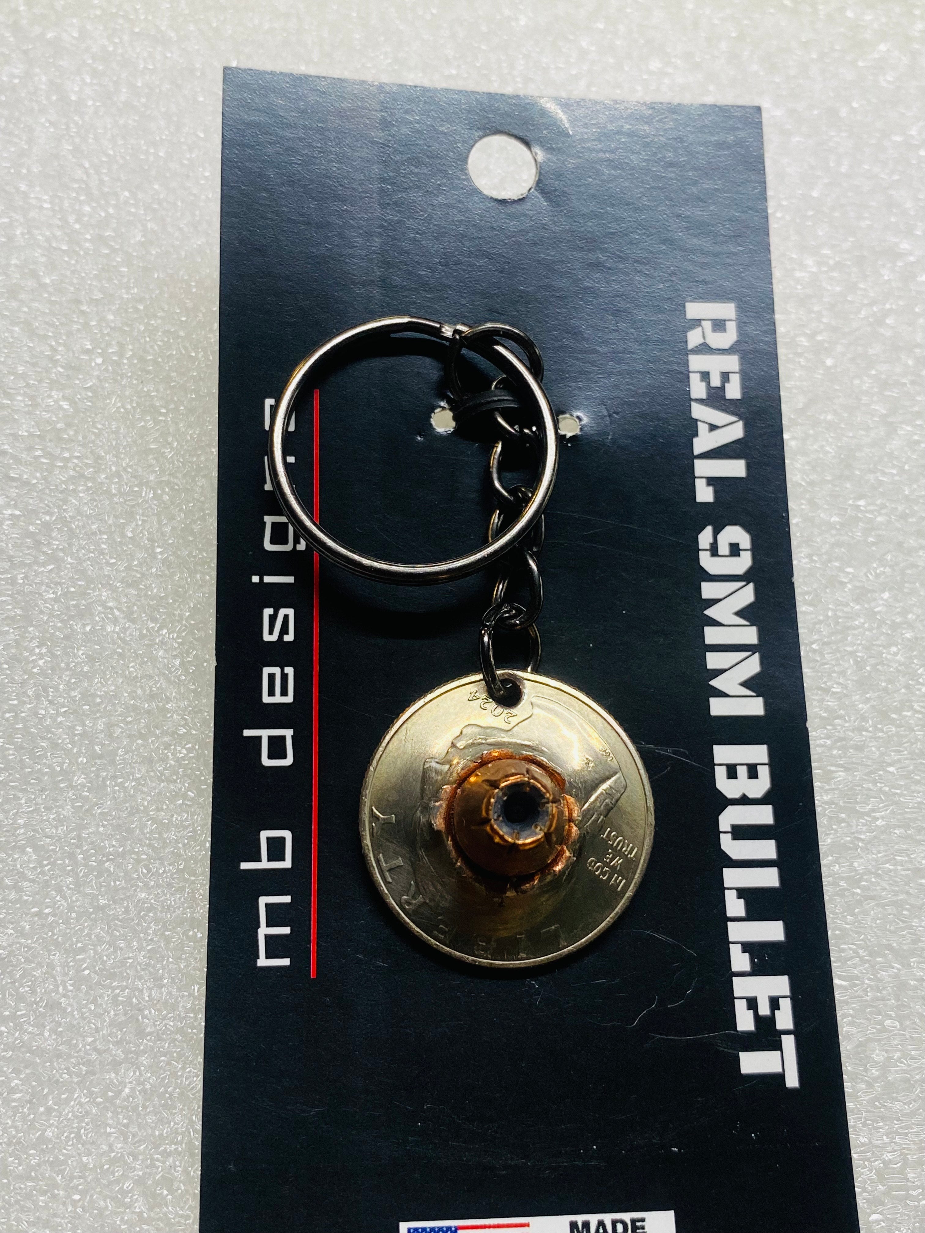 9mm Hollow Point Bullet Quarter Keychain Unique Gift W/Black Keychain