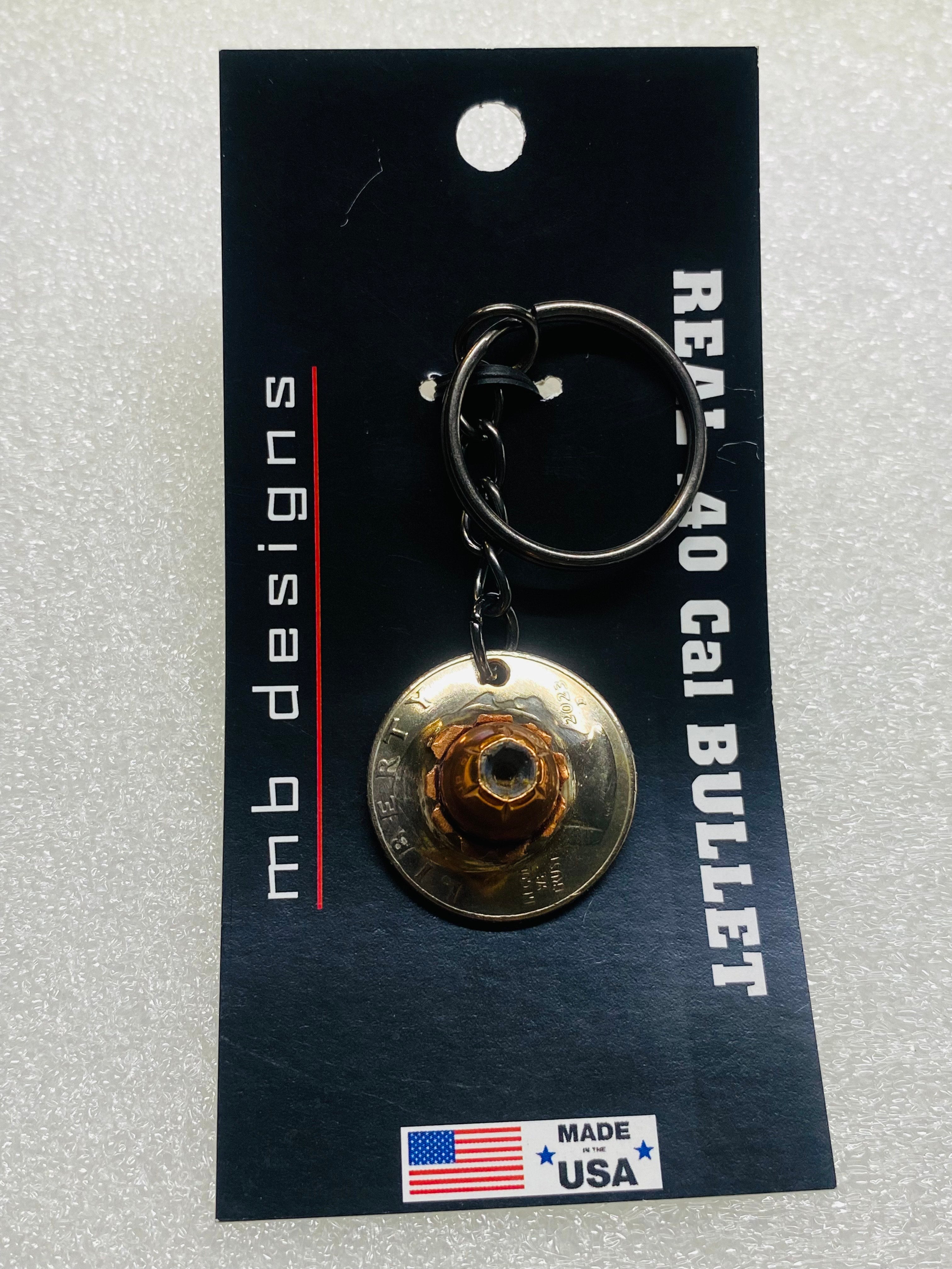 .40 Cal Hollow Point Bullet Quarter Keychain Key Chain Unique Gift W/Black Keychain